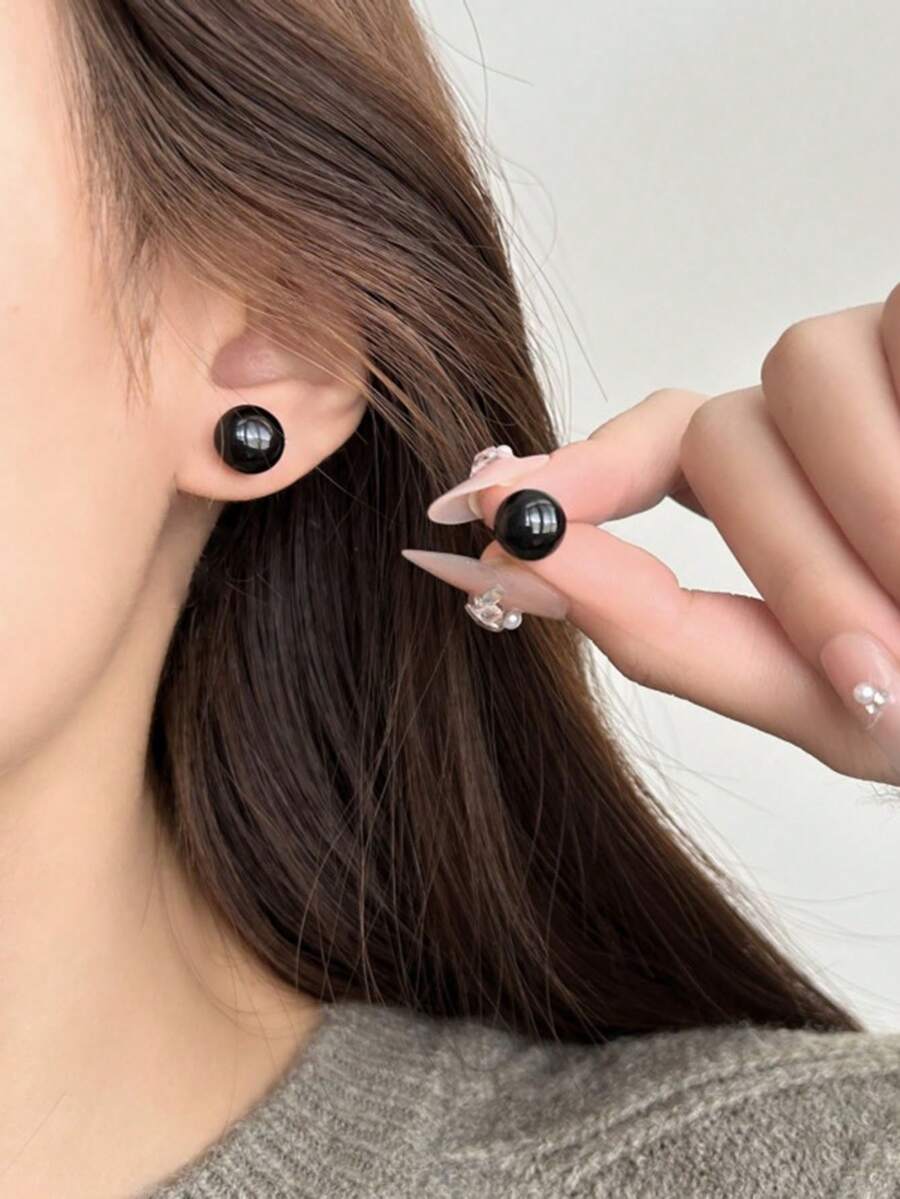 1 Pair Fashionable Minimalist 12mm Black Bun-Shaped Faux Pearl Stud Earrings, Geometric Design, Delicate & Versatile, Suitable For Women's Party, Banquet, Daily Wear, Festivals - 12MM - View 1