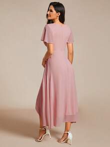 EVERPRETTY Elegant Chiffon V-Neck Ruched Front Pink Bridesmaid Dress, Soft High-Low Ruched Hem, Suitable For Wedding Ceremony And Formal Evening Occasions - Dusty Pink - View 5