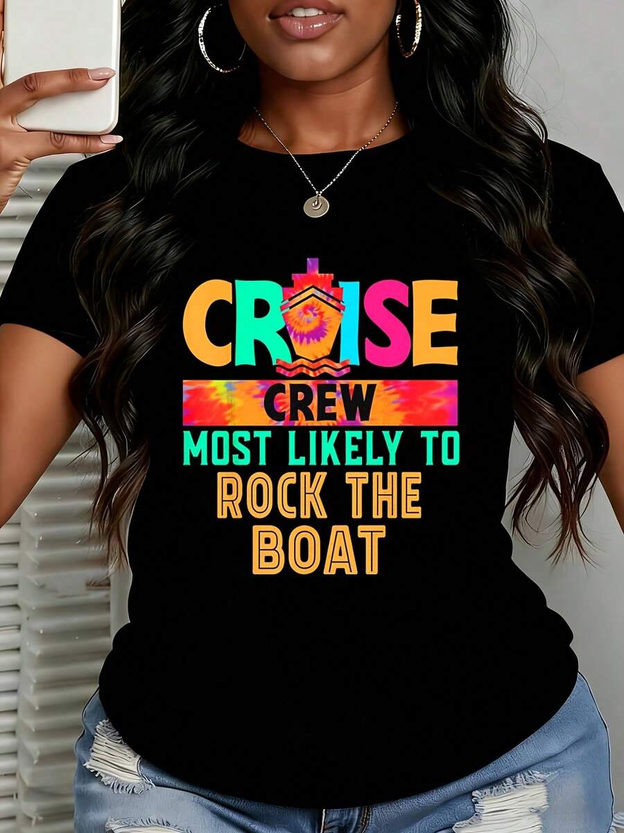 Cruise Crew Most Likely To Rock The Boat T Shirt White Colorful Graphic Print Summer Vacation Party Wear - màu đen - Xem 1
