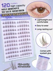 120片棕色假睫毛，自粘式，自然9-12毫米蓬松3D卡通眼型，卷翘日常DIY，防水，适合新手，易于佩戴，便携式假睫毛 - 棕色 - 查看 2