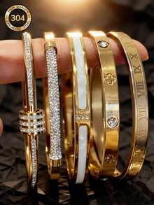 2026 New 5pcs/Set Unisex Stainless Steel Shiny Fashion Bracelet Set, Unique Design, Versatile, Exquisite And Elegant, Ideal Gift Choice. It Also Has The Feature Of Being Non-Fading. - Gold - View 10