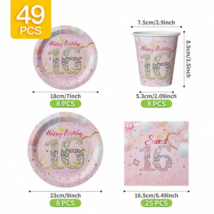 49/25/8pcs Pink 16th Birthday Diamond Happy Birthday Disposable Plates Napkins Cups, Disposable Party Supplies Set, Suitable For 8 Guests, Disposable Paper Plates Party Tableware Suitable For Birthday Wedding Theme Party Family Picnic - Multicolor - View 10