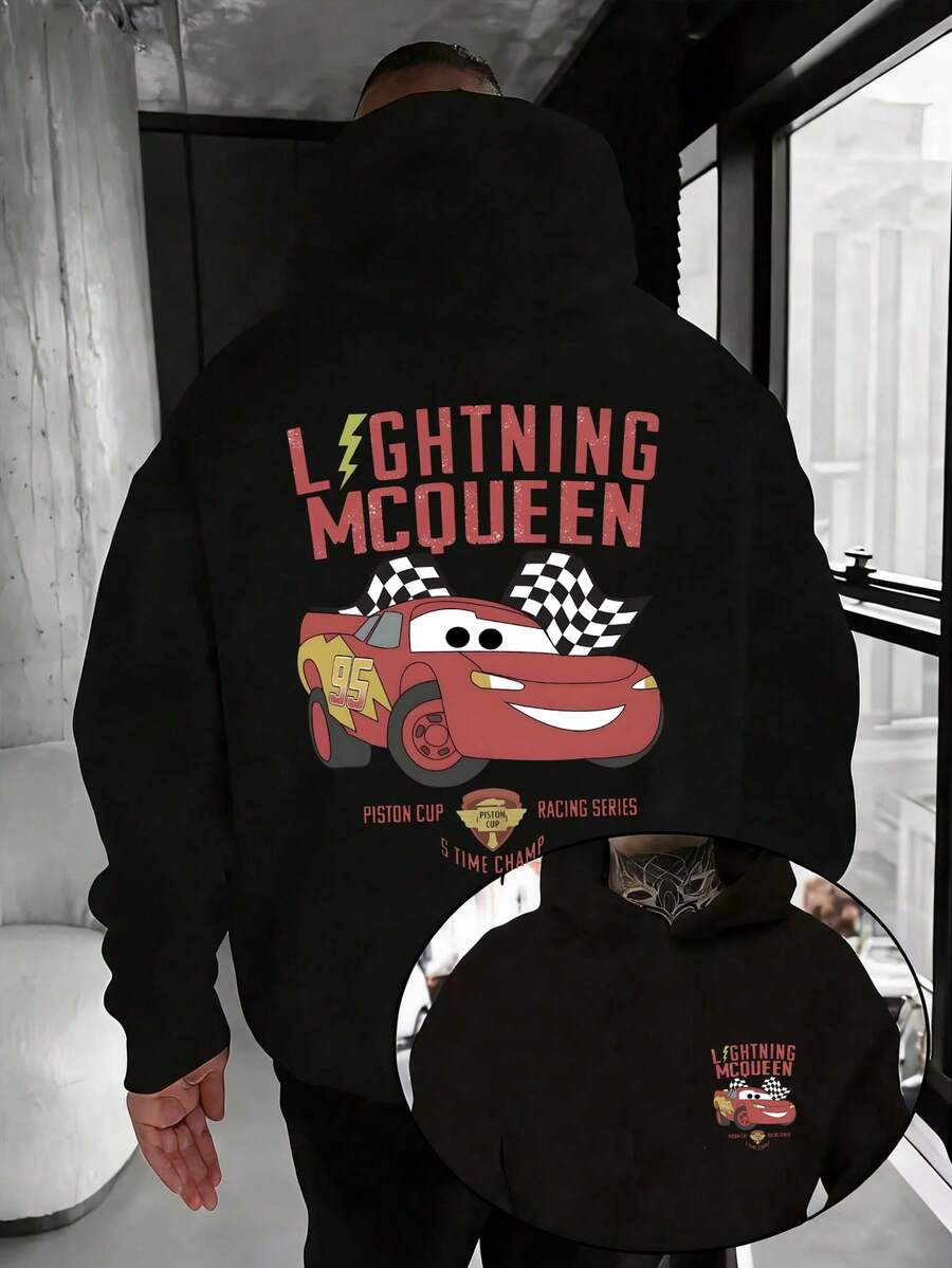 Disney Men's Casual Hoodie, Featuring The Cartoon Image Of Lightning McQueen From "Cars" And A Passionate Racing Atmosphere, Suitable For Retro Sports Enthusiasts, As Well As Daily Commuting, Friend Gatherings, Park Check-In And Other Scenes - màu đen - Xem 1