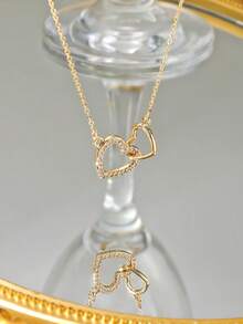 1pc Heart-Shaped Double-Ring Pendant Necklace, Minimalist Elegant Sparkling Cubic Zirconia, Versatile Daily Wear, Ideal Gift - Multicolor - View 3