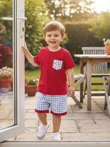Toddler Baby Boys Baseball Outfits Embroidery Short Sleeve T Shirts And Plaid Shorts Set 2pcs Summer Clothes Sets, Toddler Boy Baseball Short Clothes Sets, Toddler Baby Boy Summer Clothes - 紅色 - 查看 6