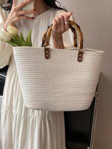 BAILEE A Casual, Stylish, Vacation-Themed Bamboo-Handled Woven Handbag. It Is Lightweight, Durable, And Has Ample Capacity. An Excellent Choice For Gifts. - Multicolor - View 5