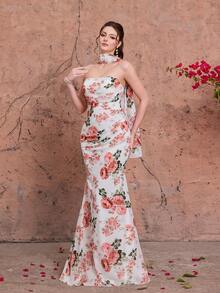 Đầm maxi dáng đuôi cá không dây vai bằng chiffon in hoa Mgiacy kèm khăn choàng, trang phục dạ hội thanh lịch dành cho khách dự đám cưới, tiệc mùa hè, kỳ nghỉ và lễ hội. - Hồng - Xem 4
