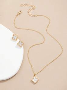 Set de 3 piezas de collar y aretes con trébol de 4 hojas, regalo perfecto para amigos, adecuado para todas las estaciones - Blanco - Ver 2