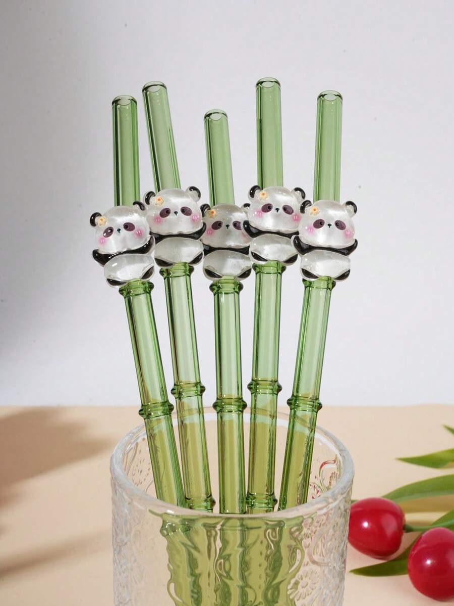 1/2/4/8pcs Reusable Bamboo Style Glass Straw Set, Panda Decor, Includes Cleaning Brush | Made Of High Borosilicate Glass | Suitable For Smoothies, Cocktails, Coffee, Milk Tea | Great For Home Gatherings, Restaurants, Travel, Parties