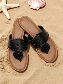 2026 Summer New Thong Sandals, Fashion Summer Flat Sandals Flip Flop Sandals Comfortable Casual Beach Sandals - màu đen - Xem 2