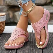 2026 New Style Women's Wedge Heel Flip-Flops - Breathable Hollow-Out Toe & Clip Design, Lightweight Synthetic Cover Sandals With Cushioned EVA Insole & Non-Slip PVC Sole, Slip-On All-Season Casual Shoes, Comfortable Footwear, Crisscross Strap Design, Durable Traction Footwear - Baby Pink - View 4
