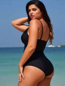 2026 New Women's Solid Color V-Neck Strap One-Piece Slimming Cover-Up Triangle Hip-Lifting One-Piece Swimsuit Casual Vacation Beach Swimsuit For Women| High Elastic Spandex Fabric, Solid Color, Detachable Padding - màu đen - Xem 5