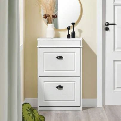 SoBuy Narrow Shoe Cabinet, White Wood Look; Narrow Hallway Cabinet With Drawer; Vintage Shoe Cabinet; Narrow Shoe Rack With 2 Doors; Modern Hallway Furniture, 54x24x85 Cm, FSR78-WG