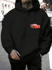 Disney Men's Casual Hoodie, Featuring The Racing Image Of Lightning McQueen From "Cars" Paired With A Black And White Checkered Flag Print, Exudes A Visual Tension Of Retro American Street Sports, Suitable For Daily Commuting And Friend Gatherings - màu đen - Xem 3