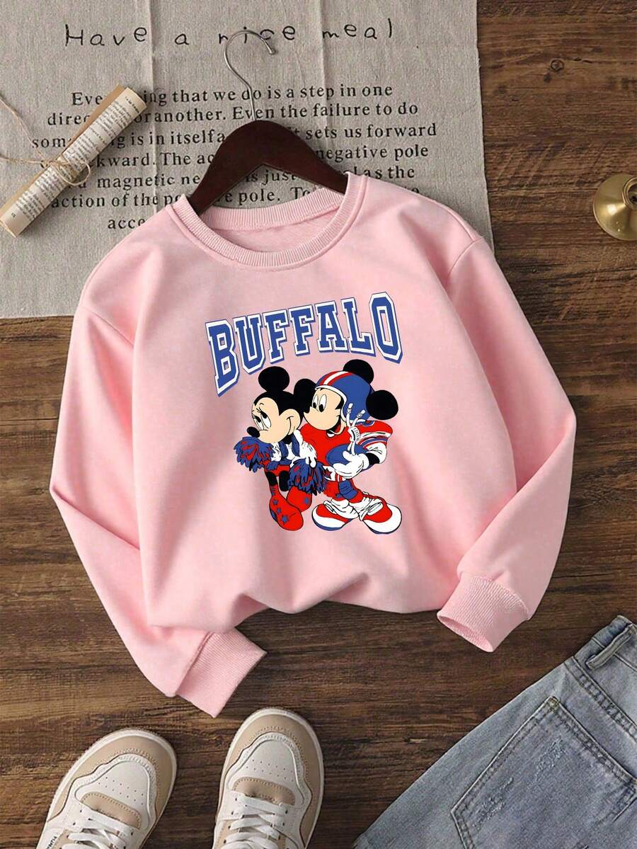 1pc Disney Valentine's Day Mickey & Minnie Mouse Tween Girl Sweet Sweatshirt With Sports-Themed Couple Graphic - Soft & Skin-Friendly For Daily Casual Wear & Sports Event Outfits - Pink - View 1