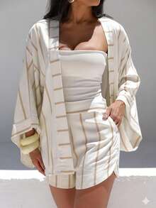 Árbora Eminence - Women's Kimono And Shorts Set In Viscose Linen Fabric, One Size Fits Sizes 38 To 42, Summer Fashion - 脫/裸 - 查看 1