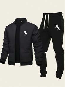 2pcs Men's Casual Sports Set - Baseball Collar Zip Jacket And Drawstring Ankle Pants With Horse Print, Fashion Sports Casual Design, Suitable For Workout And Daily Wear, Autumn - Black - View 1