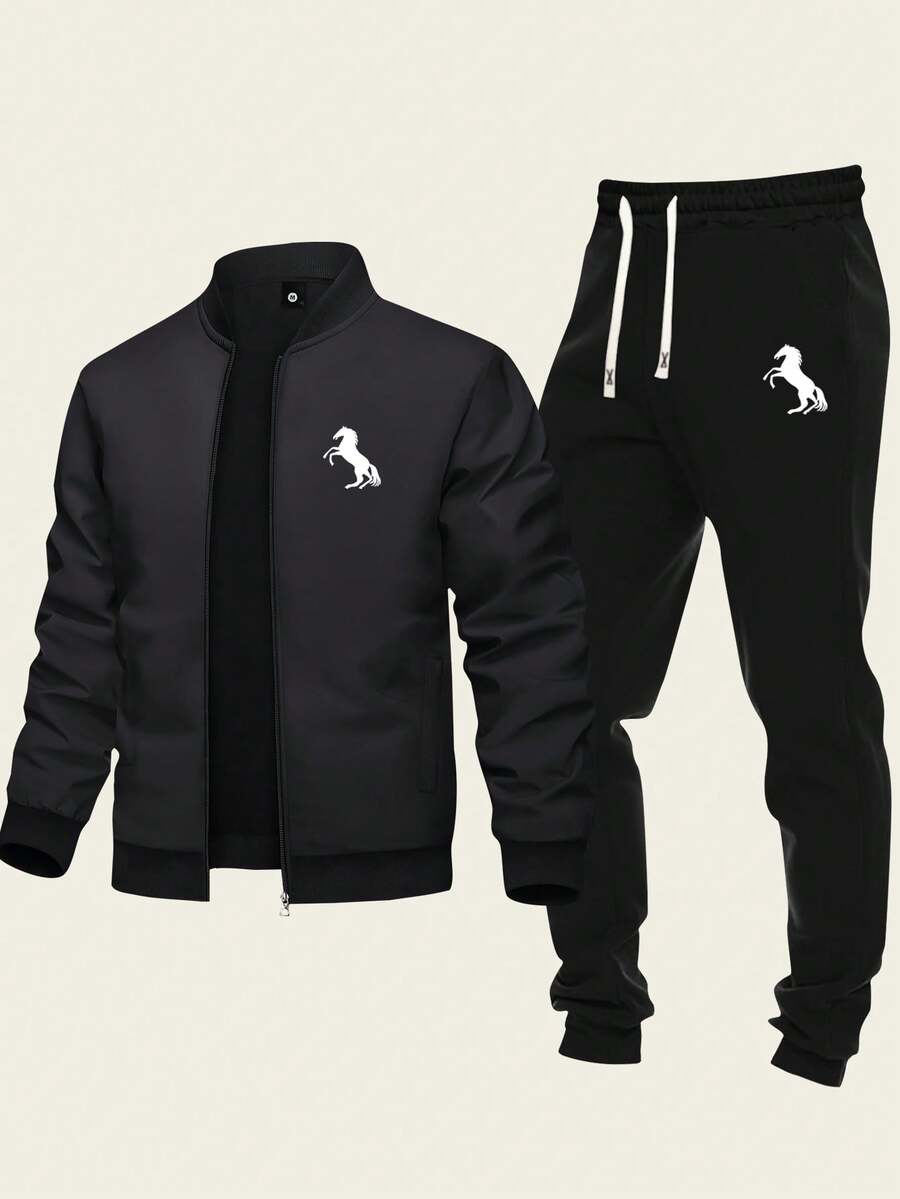 2pcs Men's Casual Sports Set - Baseball Collar Zip Jacket And Drawstring Ankle Pants With Horse Print, Fashion Sports Casual Design, Suitable For Workout And Daily Wear, Autumn - Black - View 1