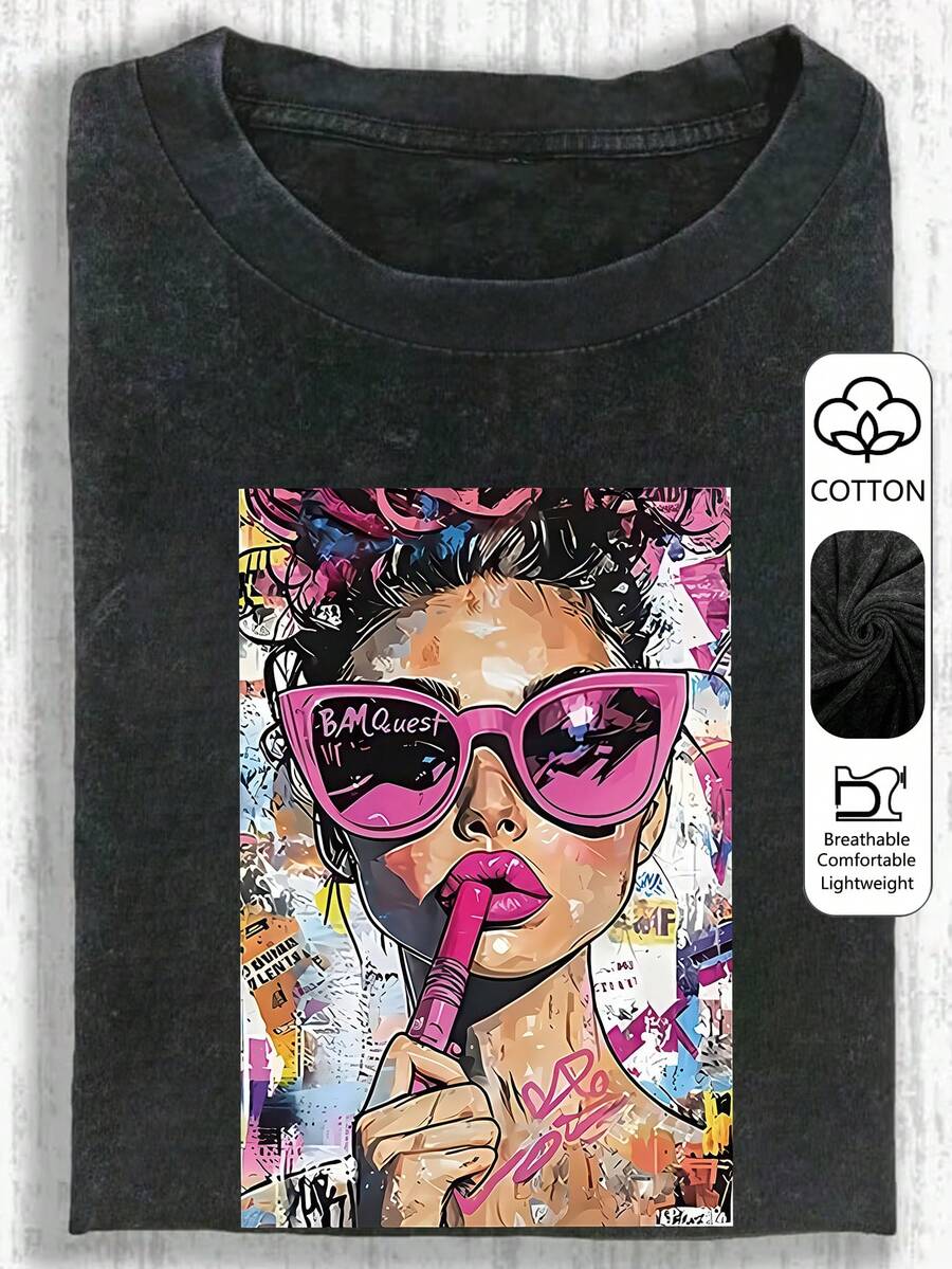 Women's Casual Retro Pop Art Girl Print Washed Round Neck Short Sleeve T-Shirt, Suitable For Spring, Summer And Autumn Black - Black - View 1