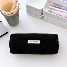 INS Retro Corduroy High-Value Solid Color Pencil Case Large Capacity Student Stationery Storage Bag Portable Makeup Bag - màu đen - Xem 3