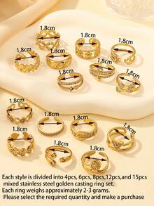 2/4/6/8/12pcs Stainless Steel 18K Gold Plated Mixed Pattern Rhinestone Inlaid Open Ring Set, Assorted Styles Randomly Shipped - Yellow Gold - View 4