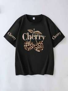 Plus Size Cherry & Leopard Print Round Neck Short Sleeve Loose T-Shirt For Women Back To School Black - Black - View 4