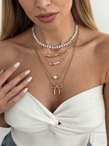 5件套可爱蝴蝶吊坠项链，巴洛克风格仿珍珠多层颈链，适合女士派对、宴会、约会、节日、礼品 - 金色 - 查看 4