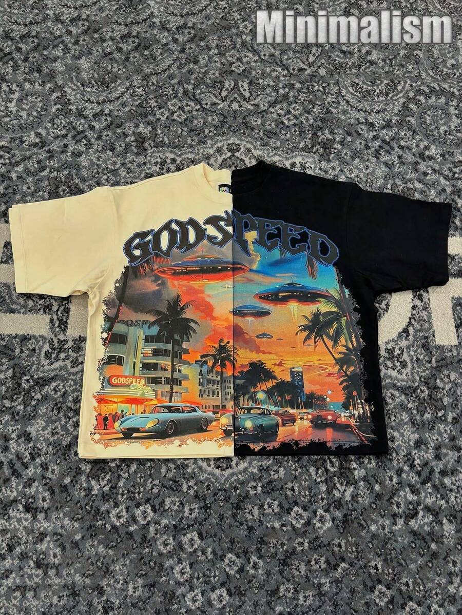 Godspeed Miami Exclusive UFO Pattern Yellow And Cream T-Shirt, Double-Sided Print, 100% Cotton Printed T-Shirt, Stylish Design, Men's Printed T-Shirt, Minimalist Style, Vintage Casual Style, Hip-Hop Style. Suitable For Outdoor Leisure Activities, Family Gatherings, And Dinners With Friends. - Mơ 3 - Xem 1