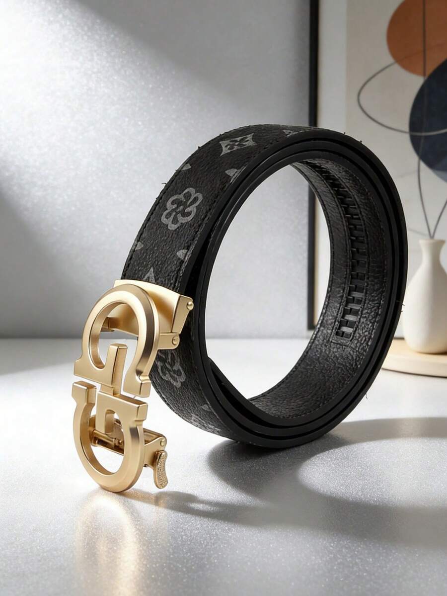 男士奢华皮带，字母合金自动扣真皮皮带，可定制印花，高端商务休闲风格，长度120厘米，适合日常佩戴，是理想的礼品之选。 - 彩色 - 查看 1
