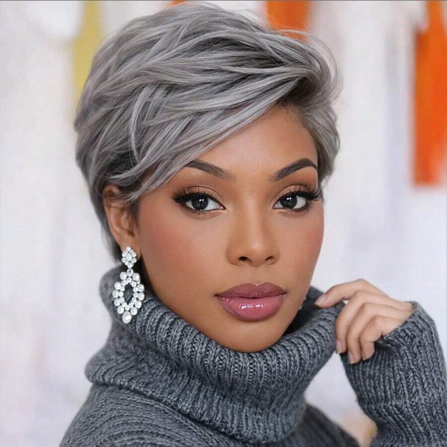 Grey Chic Pixie Cut Wig | Layered With Bangs, 180% Density, Glueless Brazilian Remy Hair, Straight Hairstyle, Comfortable Rose Net Cap, Perfect For Daily Wear & Party, Elegant Wigs - SGray - 查看 1