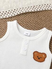 4pcs Set Cute Baby Boy Casual Soft Comfortable Cartoon Bear Embroidered Striped Knit Vest And Elastic Waist Sports Shorts - Multicolor - View 4