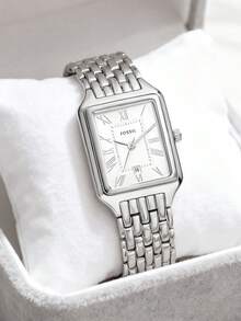 Fossil 方形表盘女士石英表，不锈钢/双色表带，罗马数字时标，情人节礼物 ES5221 - 白色+銀色 - 查看 1