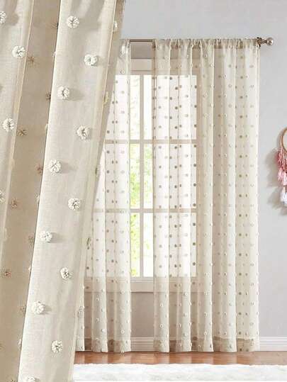 1 pieza Cortina transparente blanca de lujo francés con bordado 3D y bolas esponjosas, versátil para habitación, sala de estar, dormitorio, cocina, decoración, tela de cortina de 130g/m²