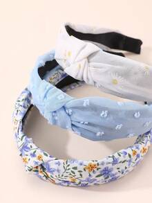 3pcs Women's Fashion Daisy Flower Print Headbands, Blue Tone, Suitable For Daily, Festival, Spring/Summer, Party Matching Hairband - Multicolor - View 4