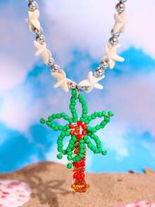 1pc Handmade Beaded Necklace With Coconut Tree, Pineapple, Starfish Pendants In Pink & Green, Colorful Y2K Minimalist Personalized Beach Jewelry - Multicolor - View 12