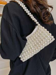 Oaoleer 1pc Women's Pearl Purse White Pearl Handbag Hobo Bag For Evening Handbag Shoulder Bag Wedding Party Bridal Clutch Purse - 彩色 - 查看 2