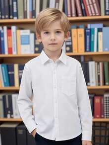 5Y-14Y 男童經典純白長袖襯衫附口袋，柔軟紳士風襯衫，適合學校、畢業典禮、表演、正式派對、晚餐 - 白色 - 查看 13