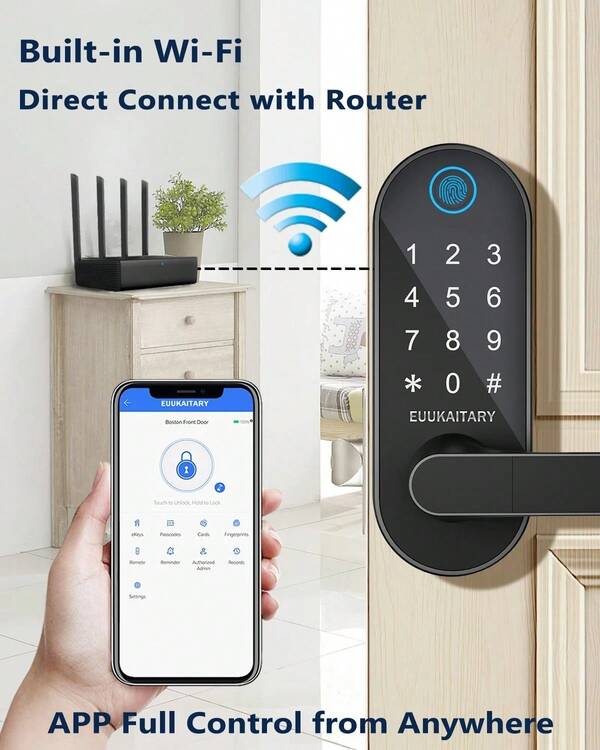 Fingerprint Door Lock, Keyless Entry Door Lock, Smart Lock With Handle For Front Door And Bedroom, WiFi Remote Control, Electronic Digital Keypad With Knob, Auto-Lock