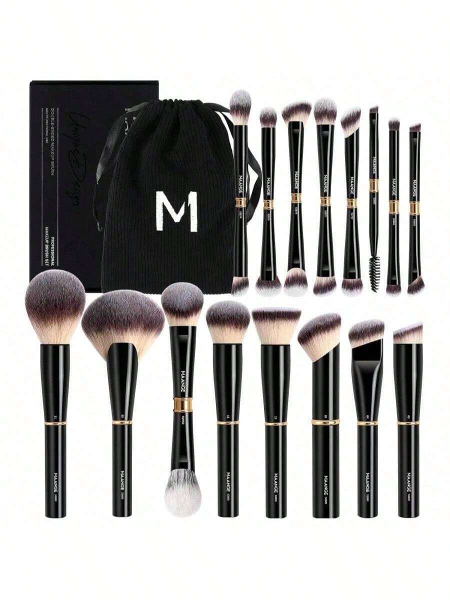 MAANGE Makeup Brushes 16Pcs Professional Foundation Powder Blush Contour Eyeshadows Double-End Makeup Brushes Set With Bag And Gift Box-CoffeeBrown - Màu A - Xem 1