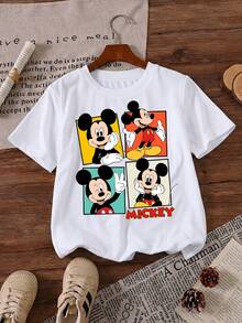 Disney Retro Mickey Mouse Pop Art Color Block 4-Panel Vintage Style Printed Pattern T-Shirts For Girls - Children's Clothing Design Short-Sleeved Casual And Cute Style Comfortable And Casual Wear All Year Round Suitable For Parties And Play Machine Washable Gift Children's Clothing Girls' Short-Sleeved Shirts - trắng - Xem 2