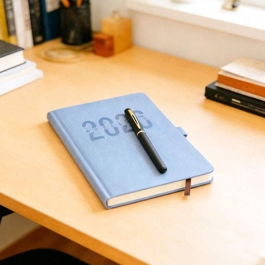 Agenda Anual 2026, Versão em Inglês, Calendário Diário, Rastreador de Eficiência, Pasta - Azul - Ver 1