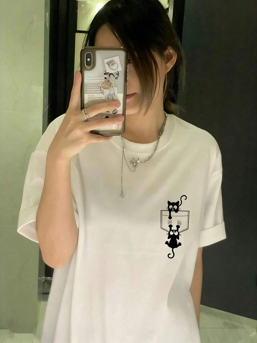 女士宽松圆领短袖字母卡通猫印花T恤，春夏款 - 白色 - 查看 1