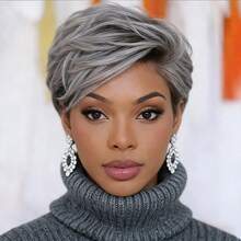 Grey Chic Pixie Cut Wig | Layered With Bangs, 180% Density, Glueless Brazilian Remy Hair, Straight Hairstyle, Comfortable Rose Net Cap, Perfect For Daily Wear & Party, Elegant Wigs - SGray - 查看 4