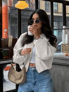 Chaqueta bomber casual de manga larga con cuello redondo, cremallera y bolsillos para mujer, ideal para el otoño - Beis - Ver 1