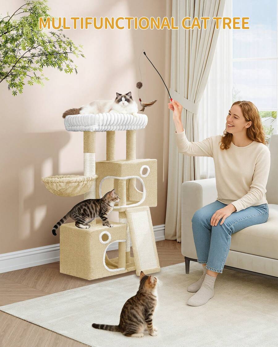 HaluPeit Cat Tree, 98cm Small Cat Tree, Spacious And Stable, With Soft Large Platform, Plush Balls, Caves, Scratching Posts, Cat Scratching Board, Beige - Beige - View 1