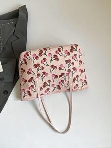 1pc Pink Metal Rivet Decor Large Capacity Cherry PU Tote Bag, Women Shoulder Bag For Winter - Pink - View 4