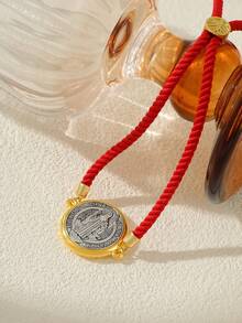 1pc Adjustable Red Cord St. Benedict Cross Pendant Bracelet, Gift For Women - Yellow Gold - View 3