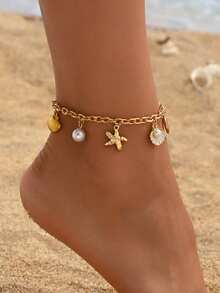 1pc Summer Ocean Style Multi-Pendant Anklet, Versatile White Glazed Faux Pearl Shell & Golden Starfish Pendant Jewelry, Suitable For Daily Wear, Dates, Beach Vacation - Gold - View 6
