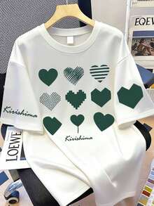 Stylish Women's T-Shirt With Heart & Slogan Design - Casual Knit - White With Green Hearts, Perfect For Spring/Summer/Fall - White - View 1