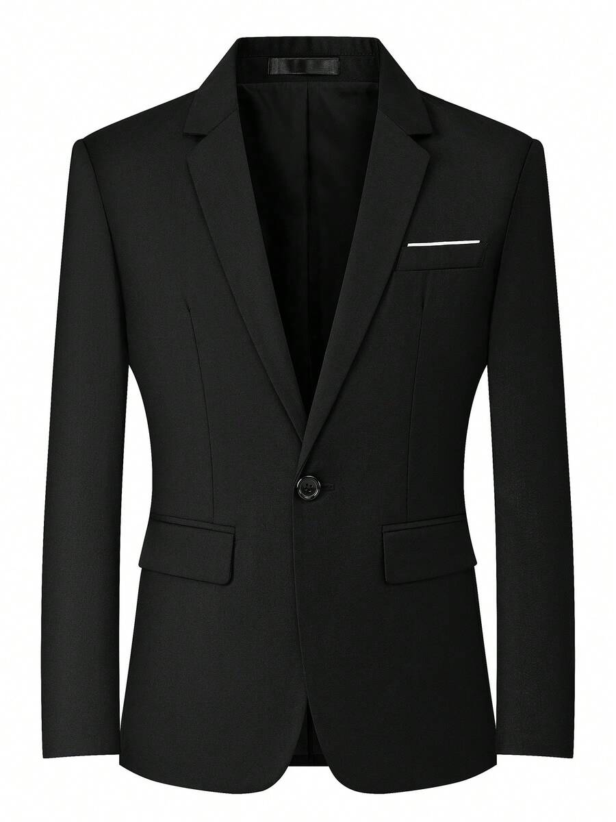Single Men's Suit Jacket, Formal Business Attire, Valentine's Day Gift, Matching Family Outfits, Couple Outfits, Suitable For Weddings, Everyday Commuting, Meetings, And Formal Wear. Black Jacket, Long Sleeves, Unlined, Suitable For Spring And Autumn, Loose Fit, Casual Style, Single Button. - 黑色 - 查看 1